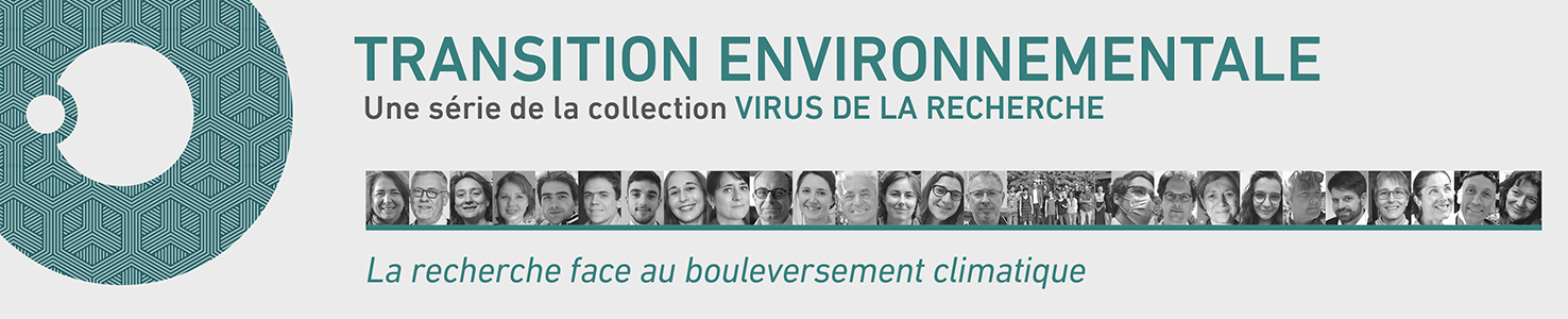 L'image fait la promotion d'une série intitulée "Transition Environnementale", qui fait partie de la collection Virus de la Recherche. Cette série se concentre sur les recherches scientifiques face aux défis du changement climatique.  Sur la gauche, un motif circulaire vert, avec un design géométrique en forme de réseau hexagonal, symbolise la complexité des interactions environnementales et scientifiques. Ce graphisme attire l'attention sur la thématique environnementale abordée.  Le titre principal "TRANSITION ENVIRONNEMENTALE" est écrit en majuscules, avec un sous-titre qui précise : "Une série de la collection Virus de la Recherche". Juste en dessous, une ligne de portraits en noir et blanc de différents chercheurs impliqués dans cette collection est affichée, mettant en avant la diversité des experts contribuant à cette série.  Enfin, en bas de l'image, le texte "La recherche face au bouleversement climatique" en vert attire l’attention sur le sujet central de cette série, à savoir l’adaptation de la recherche scientifique aux défis du changement climatique.