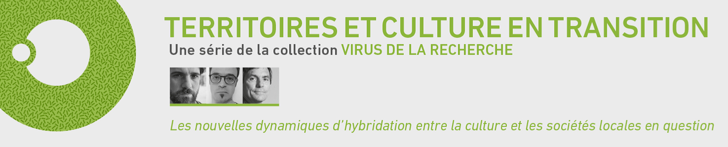 L'image fait la promotion de la série "Territoires et Culture en Transition", qui fait partie de la collection Virus de la Recherche. Cette série explore les nouvelles dynamiques d'hybridation entre la culture et les sociétés locales.  Sur la gauche, un motif circulaire vert, constitué de petits éléments répétitifs, symbolise la diversité et l'évolution des territoires et des cultures en pleine mutation. Ce graphisme évoque l'idée de transformation et de connexion entre les différents éléments culturels.  Le titre principal "TERRITOIRES ET CULTURE EN TRANSITION" est écrit en majuscules vert vif, suivi du sous-titre "Une série de la collection Virus de la Recherche". Sous le titre, une ligne de portraits en noir et blanc présente certains des chercheurs ou contributeurs à la série, soulignant l'approche collaborative et multidisciplinaire de la recherche.  Enfin, en bas de l'image, une phrase en vert mentionne "Les nouvelles dynamiques d'hybridation entre la culture et les sociétés locales en question", mettant en avant le sujet clé de la série, qui est l'analyse des transformations socioculturelles à travers le prisme de l’hybridation des pratiques et identités.